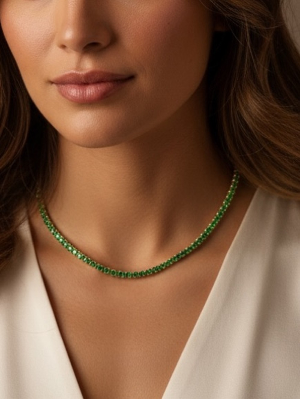 18k Gold Plated Emerald Green CZ Tennis Necklace. New.